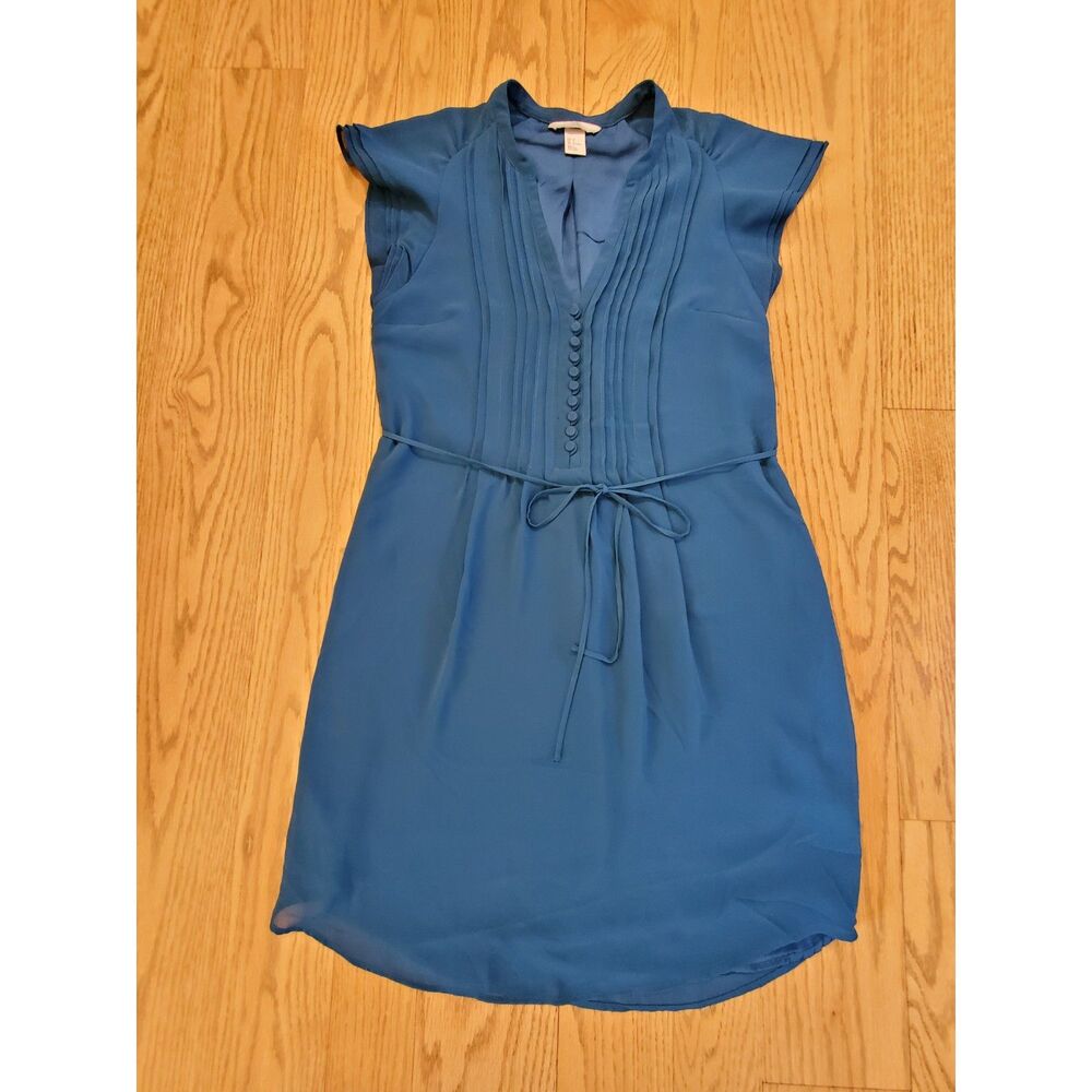 H&M Womens 4 Chiffon Button Tie Dress Dark Teal EUC